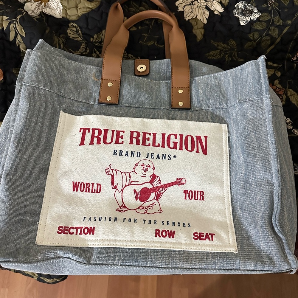 True Religion Blue Denim Tote with Tan Handles